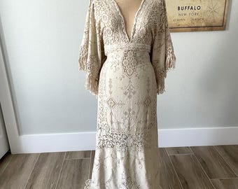 Champagne Vintage Lace Wedding Dress: Maxi length, Bell Sleeves with Fringe, Deep V-Neck