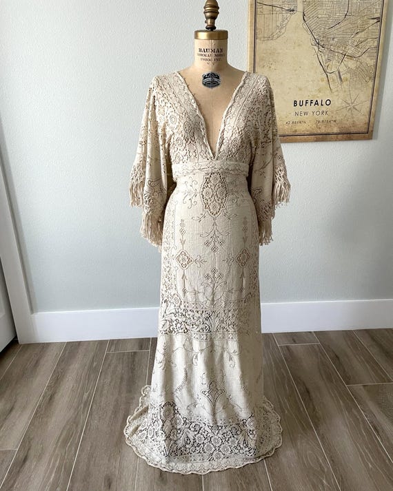 vintage wedding dress beige Champagne Lace Dress: Maxi length, Bell Sleeves with Fringe, Deep V-Neck ⸻ PRODUCTION TIME Each