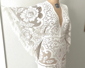 Beige and White Boho Wedding Dress in Vintage Lace with Fringe Bell Sleeves
