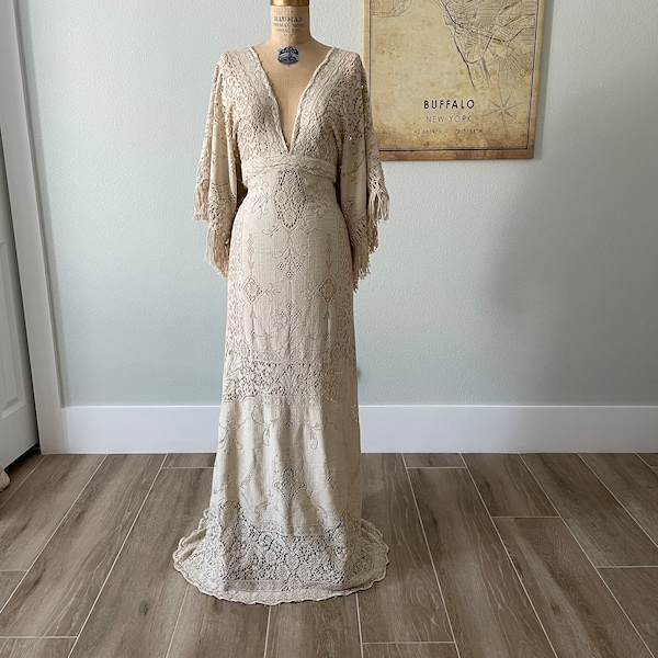 Sandy Beige Vintage Lace Wedding Dress, Gypsy Wedding Dress, Bohemian Lace Dress,Deep V Wedding Dress,Boho Dress, Bell Sleeve Dress