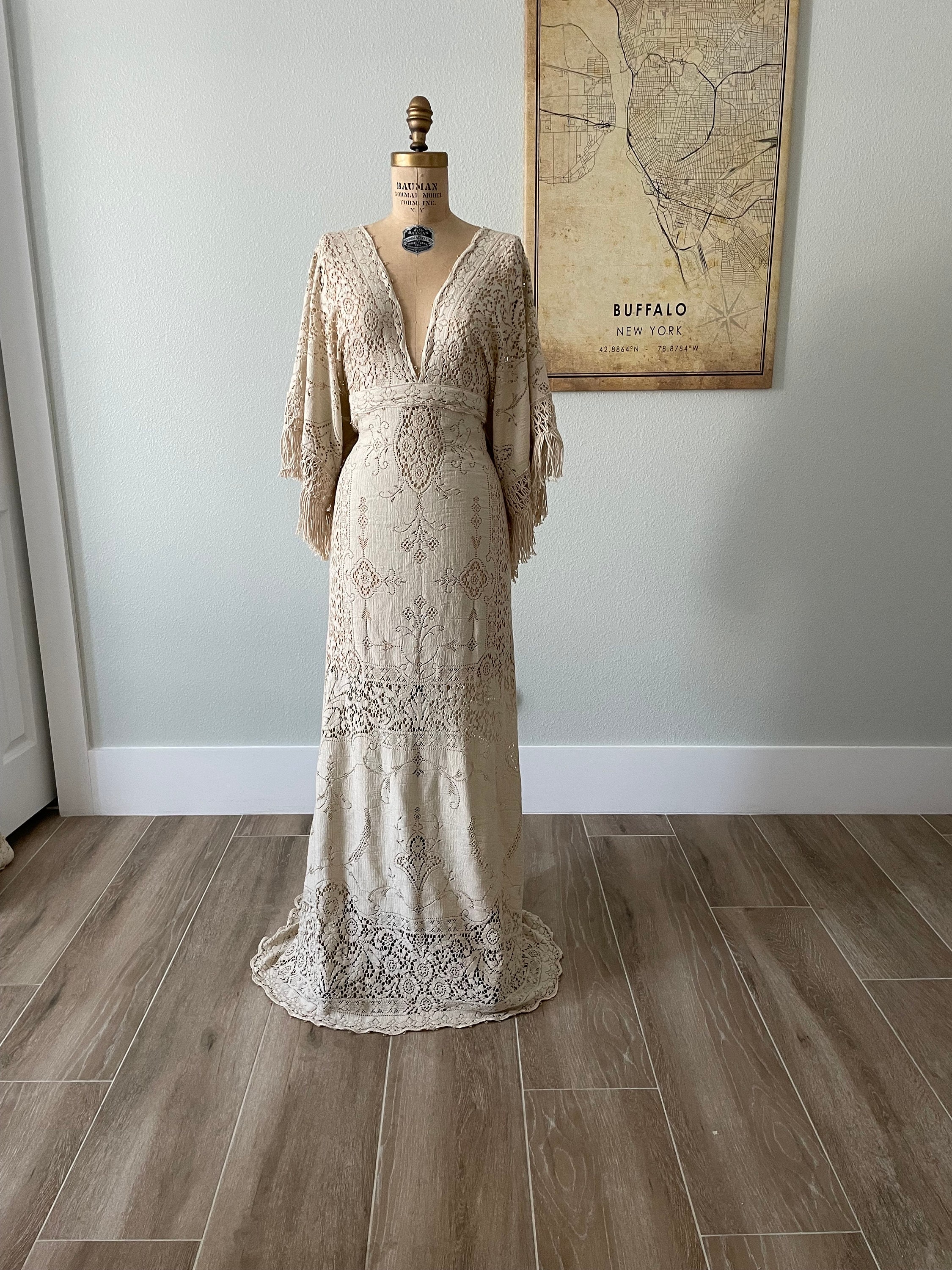 Sandy Beige Vintage Lace Wedding Dress, Gypsy Wedding Dress