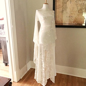 Sheer Ivory Lace Wedding Dress with Bell Sleeves | Vintage BoHo Sheer Cream Lace Wedding Gown, lace Women's Victorian LACE Bell Sleeve Dress