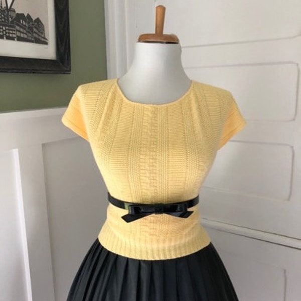 Vintage Short Sleeve Sweater | Womens Sexy 60s Pointelle Knit Top | Yellow Mad Men Rockabilly Secretary Top | Bombshell Pin Up Costume L XL