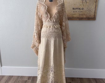 Antique Irish Lace Wedding Dress with Edwardian Bell Sleeves, Tea Stained Ecru Bohemian Bridal Gown
