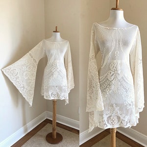 Cream Lace Wedding Dress | Vintage L XL BoHo Hippy Wedding Festival Dress | Sheer Cream Off White Crochet LACE Angel Bell Sleeve Short Dress