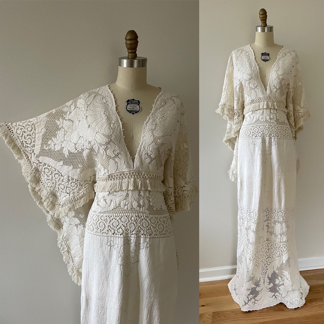 Ivory Beige Vintage Lace Wedding Dress, Gypsy Wedding Dress, Bohemian ...