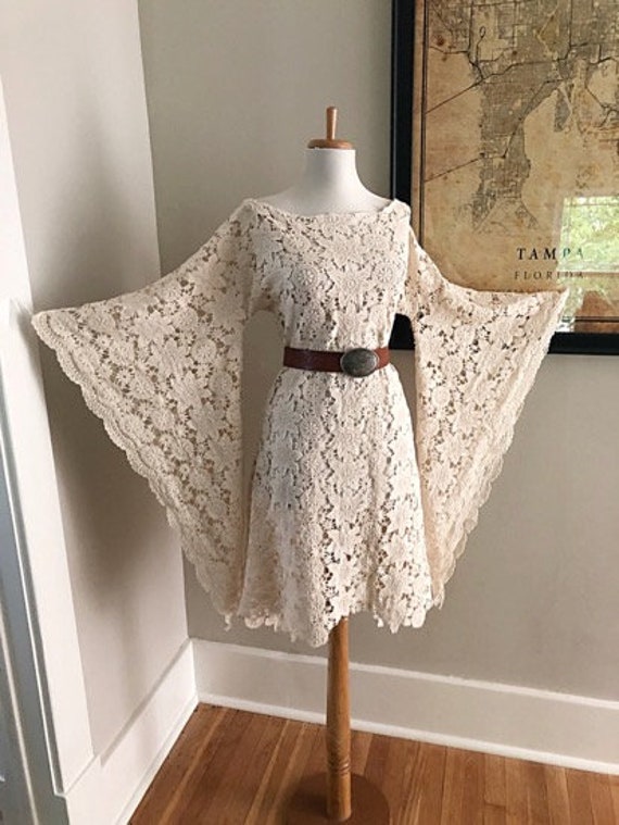 Bell Sleeve Vintage 70s Cream Crochet BoHo weddin… - image 2