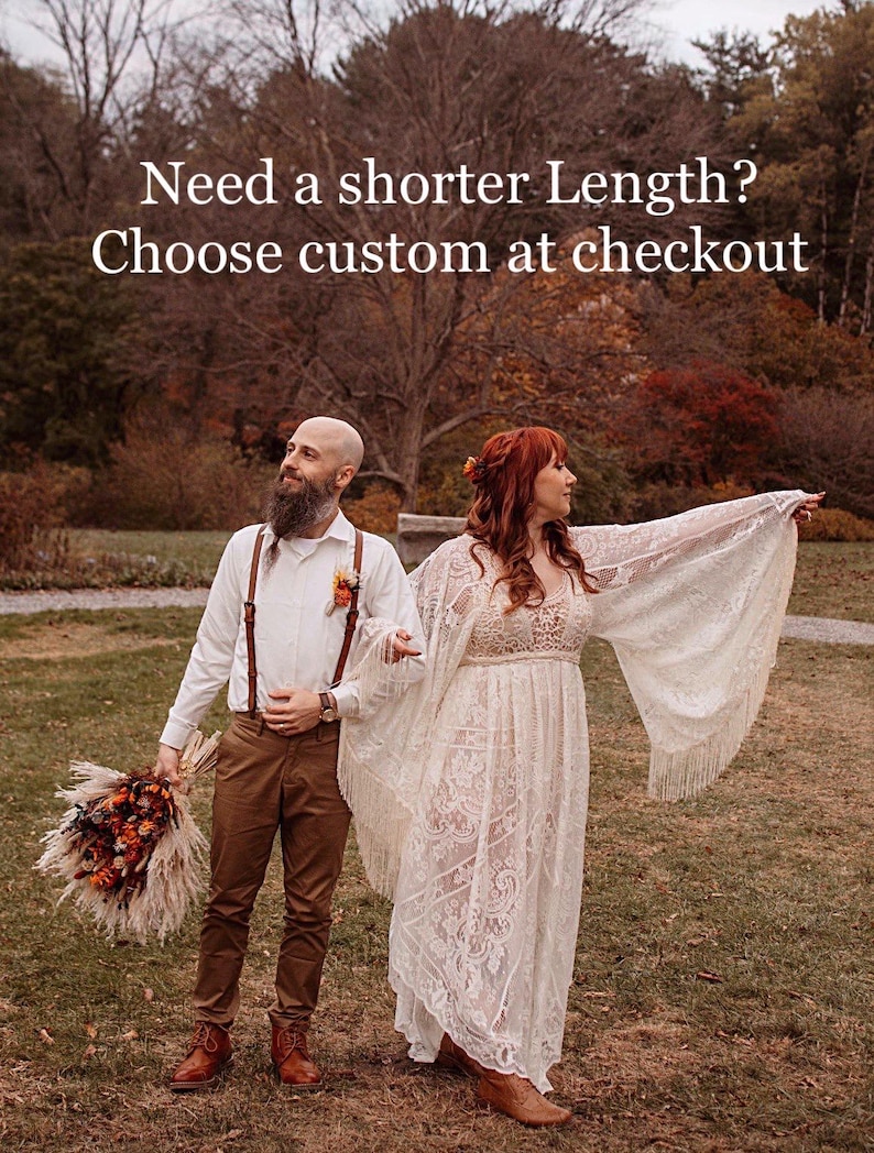Boho Cream Lace Wedding Dress with Empire Waist & Long Fringe Sleeves, Maternity Friendly image 4