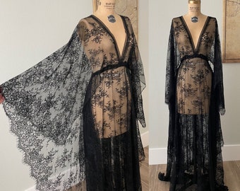 Long Black Lace Dress With Fringe, Gothic Wedding Dress, Maternity Wedding Dress, Bell Sleeve Dress, Boho Wedding Dress, Photoshoot Dress