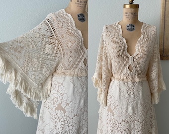 Cream Antique Lace Dress, Photoshoot Dress with Fringe, Bell Angel Sleeve Dress, Maternity Photoshoot Dress, Pregnancy Photoshoot Dress