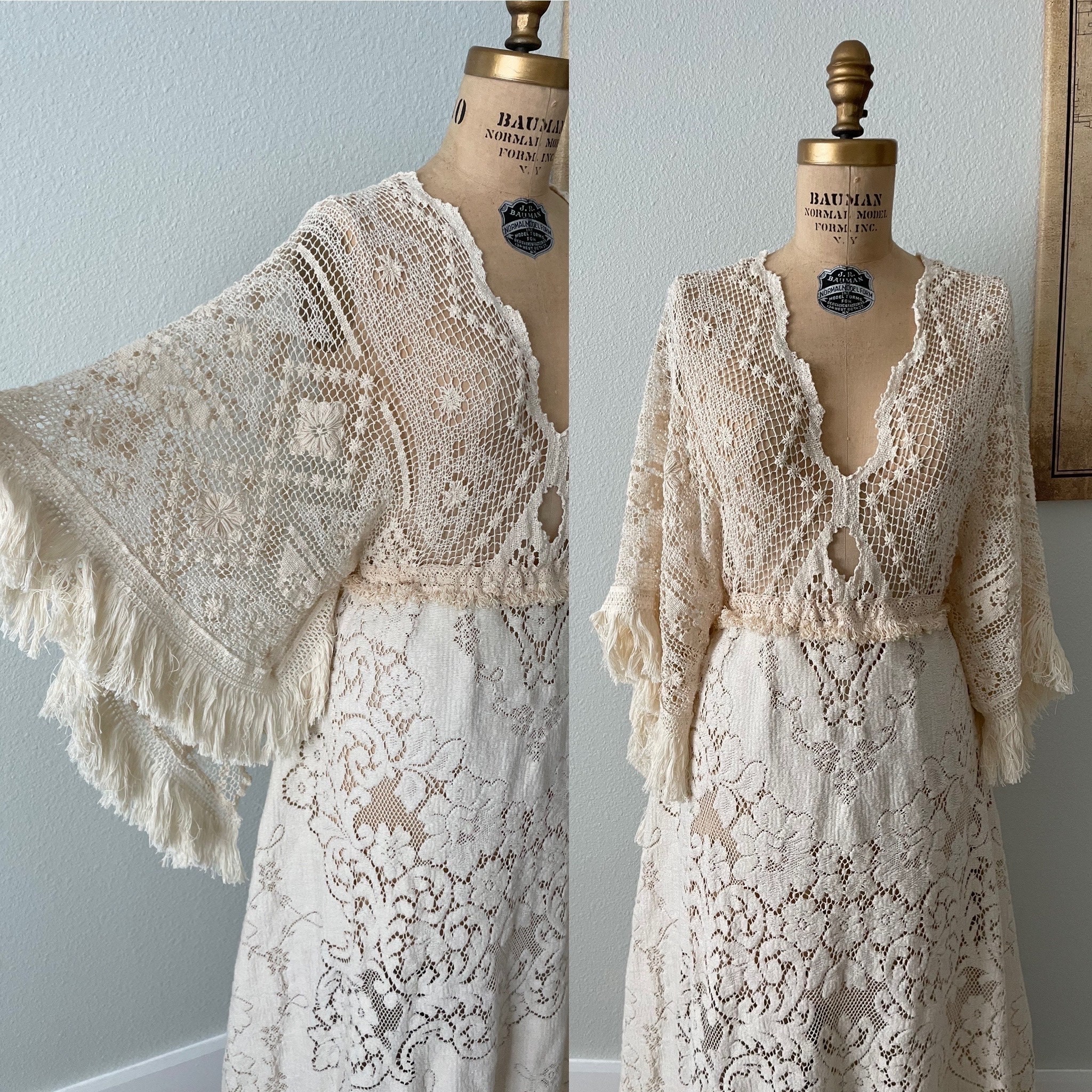 Cream Antique Lace Dress: Fringe Bell Sleeve Boho Gown