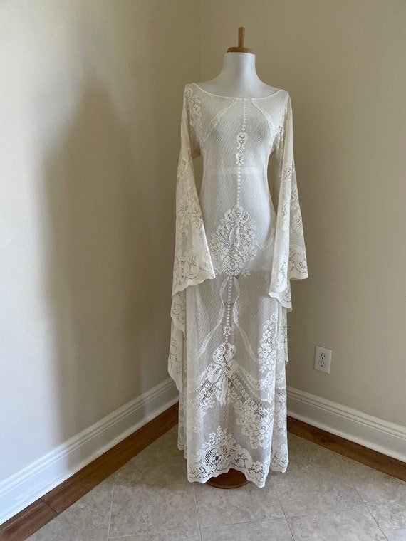 Boho Sheer Cream Lace Wedding Dress with Roses an… - image 2