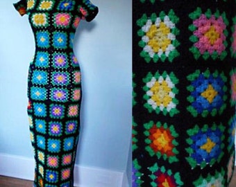 Boho Rainbow Crochet Maxi Dress, Vintage Granny Square Custom Made Dress, BoHo Hand Knit Crochet HIPPIE Afghan Festival Grannysquare Dress