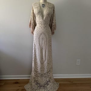 Vintage Bohemian Lace Wedding Dress, 1930s Leaf Pattern Gown, Fringe Bell Sleeves
