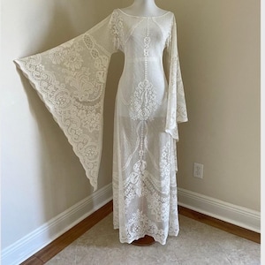 Daisy Jones Wedding Dress: Handmade 70s Boho Bell Sleeve Vintage Lace Gown