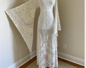 Daisy Jones Wedding Dress: Handmade 70s Boho Bell Sleeve Vintage Lace Gown