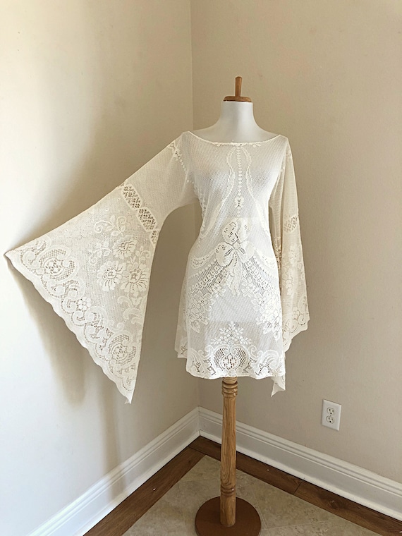 Cream Lace Wedding Dress | Vintage L XL BoHo Hipp… - image 6