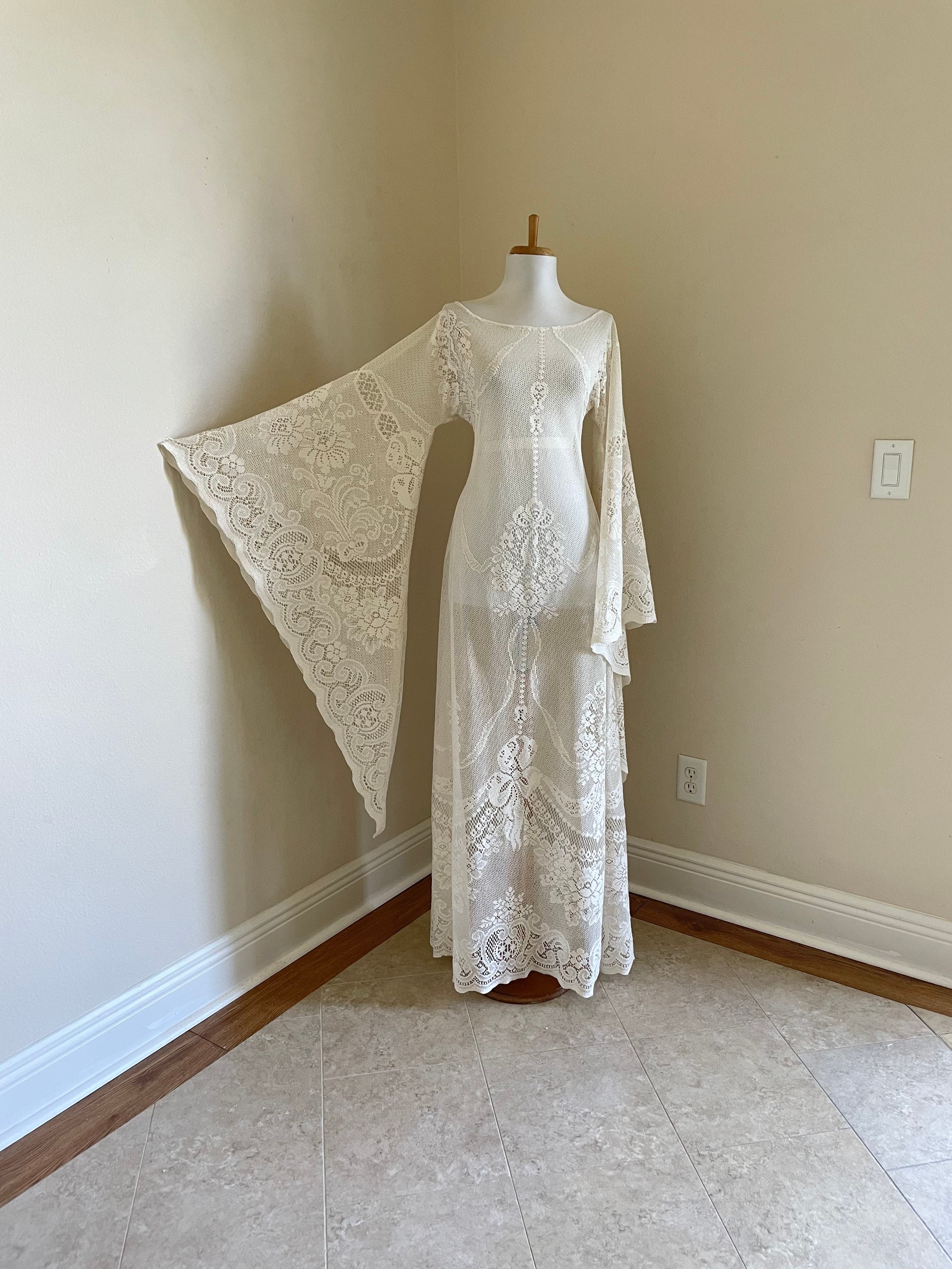Boho Cream Lace Wedding Dress, Long Sleeve Maxi Gown, Bell Boho Cream Lace Wedding Dress, Long Sleeve Maxi Gown, Bell