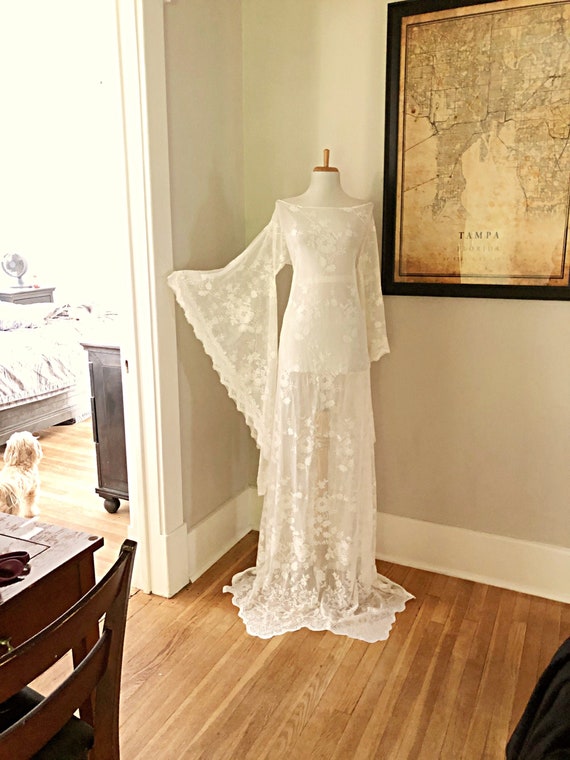 Vintage Lace Wedding Dress Sheer Cream Lace Boho Hippie - Etsy