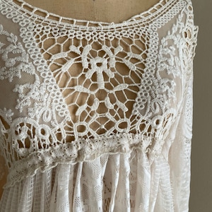 close-up view of the crochet bodies on an Empire waste lace Bohemian wedding gown sold on Etsy