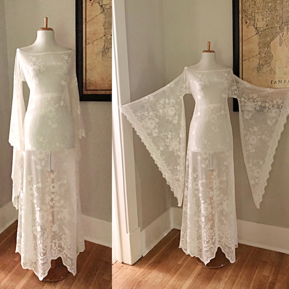 Vintage Lace Wedding Dress | Sheer Cream Lace Wed… - image 1