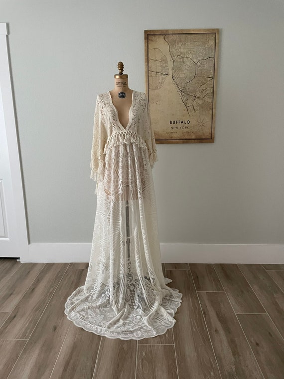 Ivory Vintage Lace Wedding Dress: Plunging Deep V, Boho Bell
