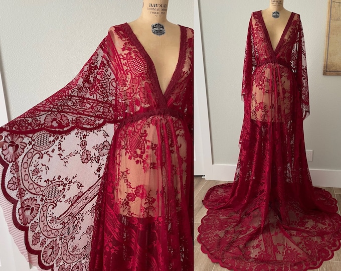 Featured listing image: Red Lace Photoshoot Dress: Plunging Neckline, Bell Sleeves