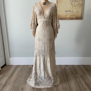 Sand Vintage Lace Wedding Dress: Bohemian Bell Sleeve, Deep V-Neck