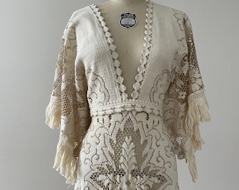 Abito da sposa in pizzo vintage avorio e tortora, abito da sposa zingaro, abito in pizzo Boho, abito da sposa a V profondo, abito Boho a 2 toni, abito con maniche a campana