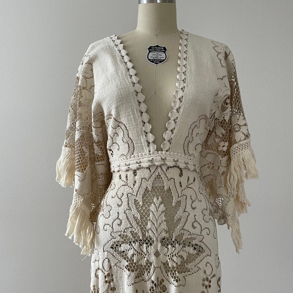 Ivory & Taupe Vintage Lace Wedding Dress, Gypsy Wedding Dress, Bohemian Lace Dress,Deep V Wedding Dress,Boho 2 Tone Dress, Bell Sleeve Dress