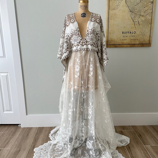 Vintage Lace Wedding Dress, Two tone lace, Plunging, Deep V Wedding Dress, Boho Maternity Dress, Bell Sleeve Dress, Photoshoot Dress