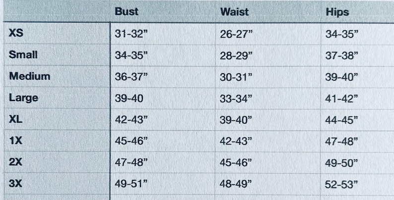 Size chart With measurements