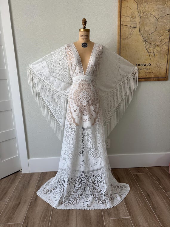 Bohemian Western Wedding Dress with Fringe Sleeves | Vintage Lace Bridal Gown | Ready to Ship