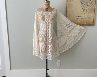 Ivory Dress with Long Bell Sleeves, Boho Wedding Dress, Unique Elopement Gown, Simple Bohemian Bridal Look