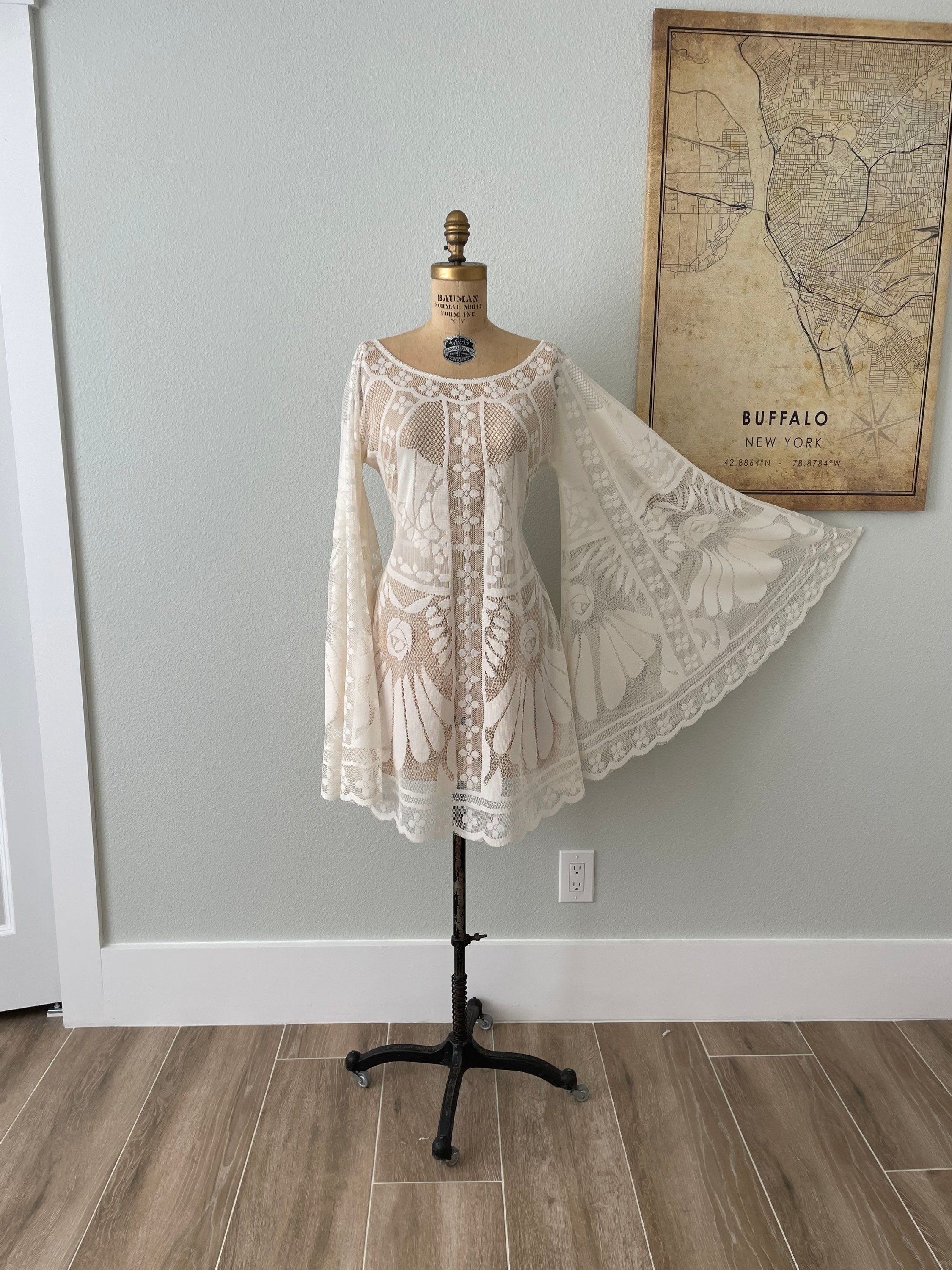 Ivory Dress with Long Bell Sleeves, Boho Wedding Dress, Unique Elopement Gown, Simple Bohemian Bridal Look