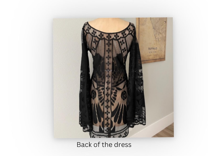 this is the back view for the black, sheer lace, gypsy dress with angel sleeves, and a scalloped hem