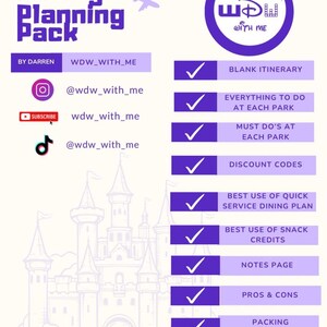 May include: A Disney Planning Pack graphic in purple and white. It features a blank itinerary, park tips, discount codes, and packing essentials. Social media handles are included. A castle illustration is in the background.