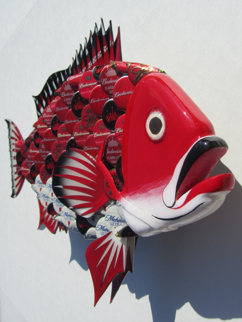 Upcycled Art Bottle Cap Fish Wall Art Red White and Black