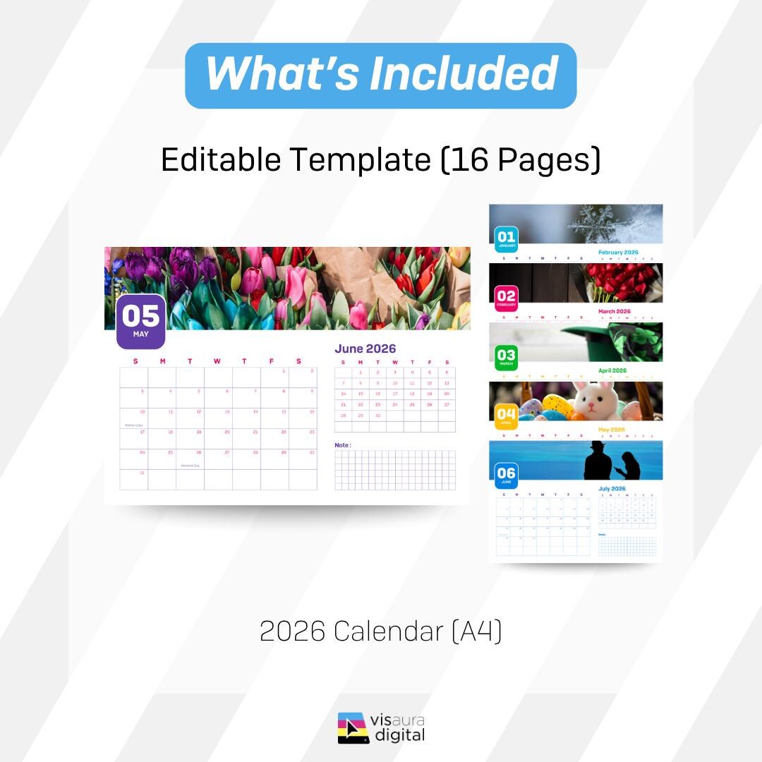 Kalender 2026 zum Ausdrucken | A4 Wandkalender pro Monat | Bearbeitbare