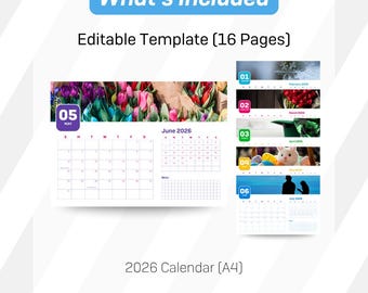 Calendario imprimible 2026 / Calendario mensual de pared A4 / Plantilla editable / Planificador fotográfico estacional