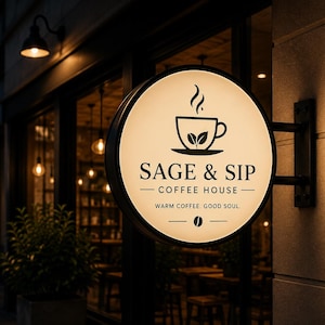 May include: A circular, illuminated wall-mounted sign for Sage & Sip Coffee House. The sign features a black coffee cup icon with two leaves, the text SAGE & SIP COFFEE HOUSE, the phrase WARM COFFEE. GOOD SOUL., and a single coffee bean graphic.
