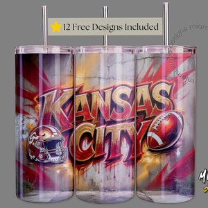 May include: Three stainless steel tumblers with a Kansas City Chiefs theme. The design features the words "Kansas City" in bold red and gold lettering, a football, and a helmet. The text "12 Free Designs Included" is also visible.
