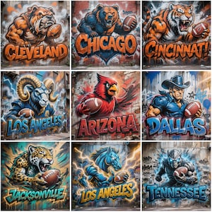 May include: Nine graffiti-style illustrations of NFL team mascots holding American footballs. Each image features a different team, including Cleveland, Chicago, Cincinnati, Los Angeles, Arizona, Dallas, Jacksonville, Los Angeles, and Tennessee, with their city names.