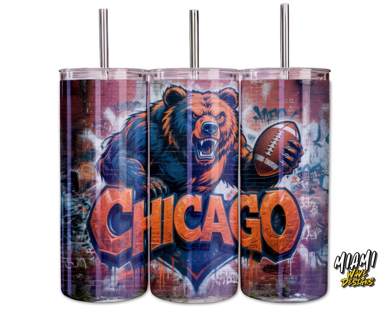 May include: A stainless steel tumbler with a design of a bear holding a football, and the word "CHICAGO" in orange. The background is graffiti-style, with a stainless steel straw.
