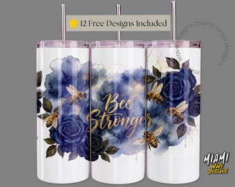 Bee Stronger 20oz Tumbler Wrap PNG – Blue Floral Bee Sublimation Design Digital Download 0226