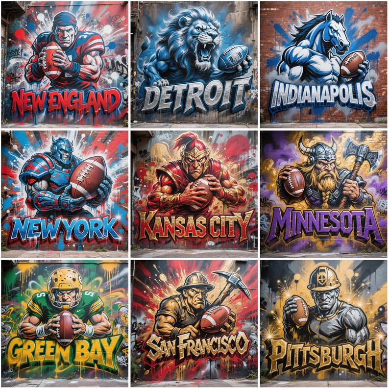 May include: Nine graffiti murals depict American football teams. Each artwork features a muscular figure holding a football, representing teams like New England, Detroit, Indianapolis, New York, Kansas City, Minnesota, Green Bay, San Francisco, and Pittsburgh.