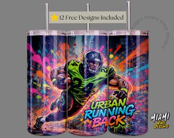 Urban Running Back Football Tumbler Wrap, Neon Graffiti Art (Digital Download)
