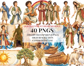 40 Old Testament Bible Story Clipart Set, Watercolor Faith Elements transparent PNGs (Digital Downloads)