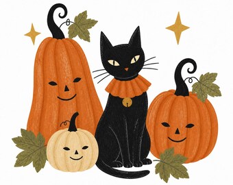 Retro Halloween Clipart PNG, Vintage Ghost Pumpkin Witch Black Cat Graphics (Digital Download)