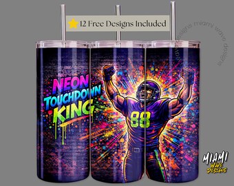 Neon Touchdown King Football Tumbler Wrap, 20oz Skinny PNG (Digital Download)